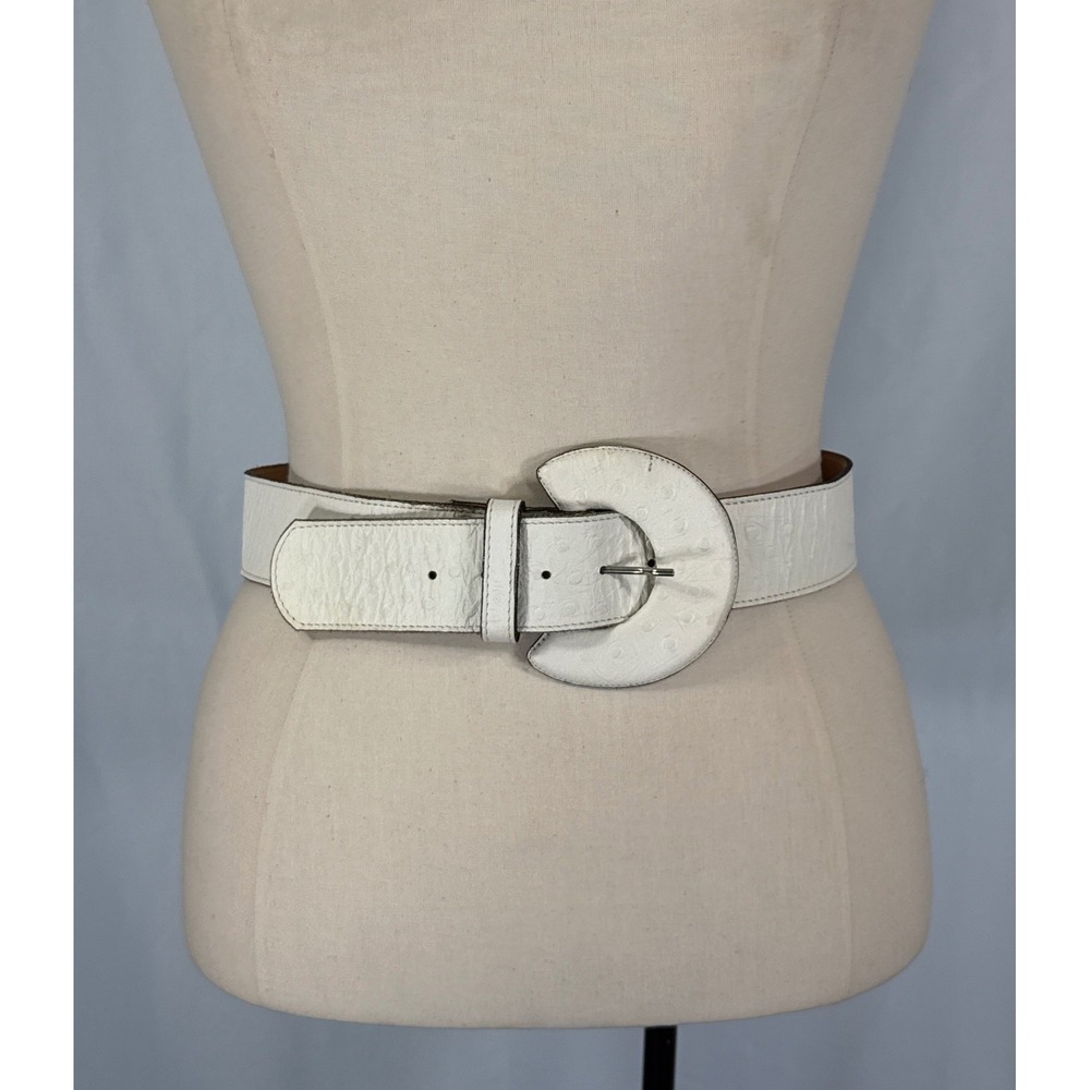 80s Jenny & The Boys White Ostrich Leather Belt Med Crescent Buckle Fits‎ 27-31"